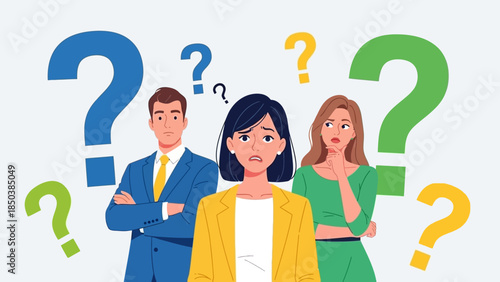 Confused business people surrounded by question marks seeking answers.