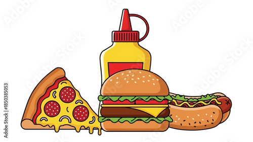Delicious Fast Food Feast with Pizza Burger Hot Dog and Mustard Bottle.