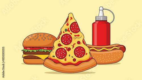 Delicious Fast Food Feast with Pizza, Burger, Hot Dog, and Ketchup.