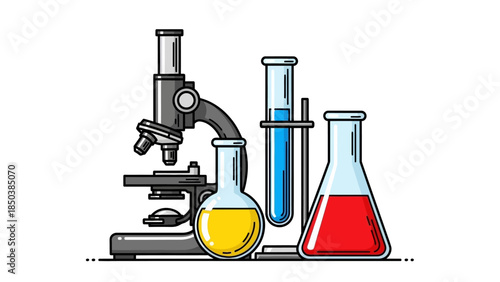 Scientific laboratory equipment with microscope and various beakers for experiments.