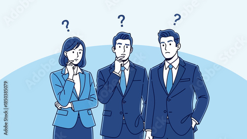 Three business people contemplating a problem with question marks above their heads.