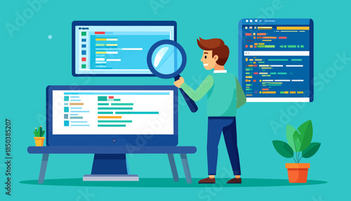 Software Developer Analyzing Code on Multiple Screens with Magnifying Glass - Flat Illustration