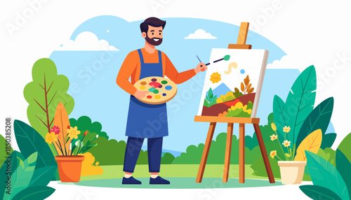 Man artist painting vibrant landscape on easel outdoors. Creative hobby, plein air art in nature. Flat vector illustration.