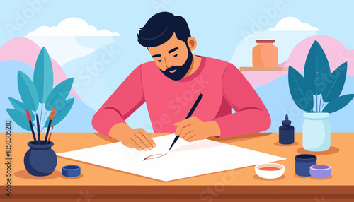 Man Painting on Paper with Brush. Creative Hobby, Art, and Design Illustration for Inspiration.