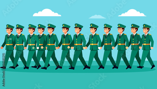 Uniformed men marching in formation, holding hands. Flat vector illustration of parade, unity, order, and teamwork concept.