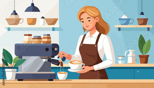 Smiling female barista making latte art coffee with an espresso machine in a modern cafe. Professional coffee preparation.