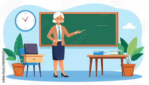 Smiling Teacher in Classroom Pointing at Chalkboard with Pointer, Education Illustration