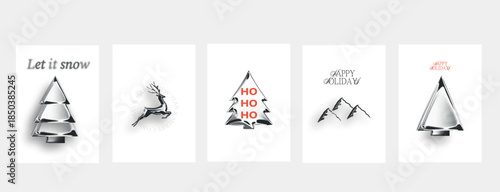 Luxury chrome winter holiday poster with abstract metallic tree, deer and mountains. Minimalist Christmas and New Year greeting design for premium branding, festive marketing, editorial and modern sea