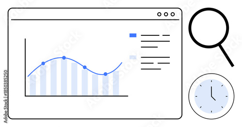 Line graph on screen represents trends and analytics. Magnifying glass and clock signify precision, time tracking. Ideal for data, analytics, time management, research, strategy, productivity