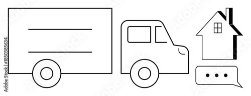 Moving services, relocation, home delivery, communication, logistics, transportation. Outline of a truck, house and speech bubble. Moving services and relocation through simplistic elements