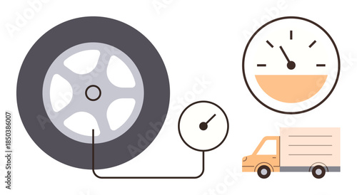 Tire connected to a pressure gauge, truck, and speedometer highlighting vehicle care. Ideal for transport, safety, maintenance, logistics, efficiency service and travel concepts. Clean flat