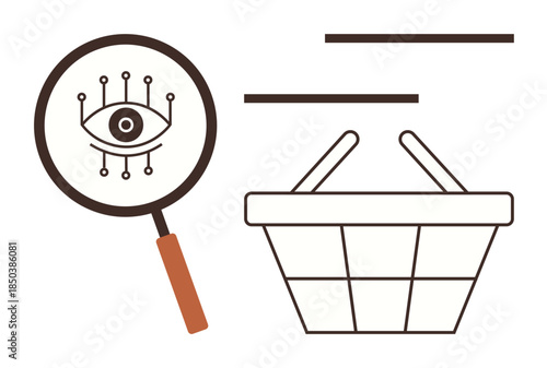 Magnifying glass with digitized eye observing a shopping basket. Ideal for e-commerce, online shopping, data analysis, surveillance, consumer trends, artificial intelligence, digital retail. Simple