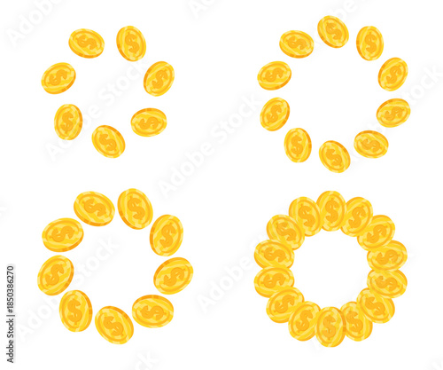 Dollar coin frame set arranged in circular designs, presented on a white background. Elegant vector collection for financial, currency, and premium branding projects.