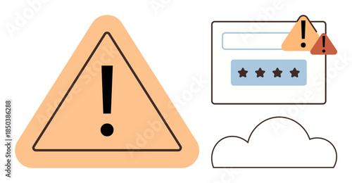 Exclamation mark inside triangle, warning icons on password input, cloud shape. Ideal for security, caution, online safety, data protection, alerts user authentication. Simple flat metaphor