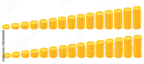 Coin tower graph, representing investment charts and bank interest profit growth. Includes a set of coin stacks and towers, isolated on a white background for financial and business presentations