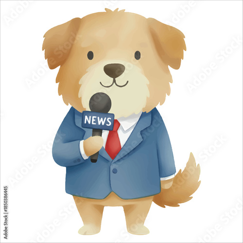 Cute News Reporter Dog Watercolor Vector Illustration on White Background
