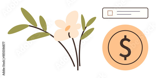 Delicate flower and leaves beside a dollar sign in a circle and a check box. Ideal for finance, sustainability, eco-friendly initiatives, balance, investing, budgeting, simple flat metaphor