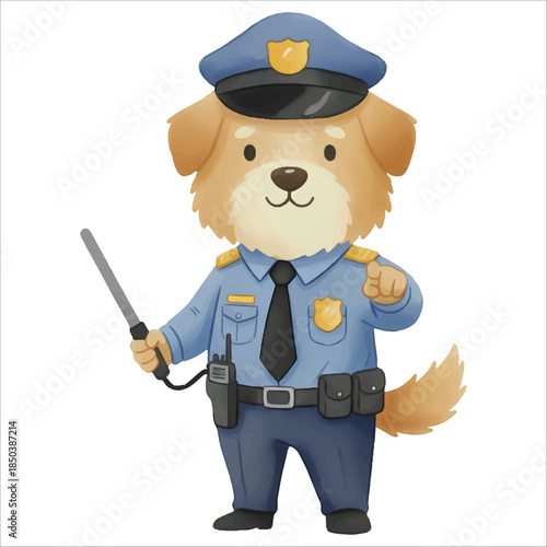 Cute Airport Security Officer Dog Watercolor Vector Illustration on White Background
