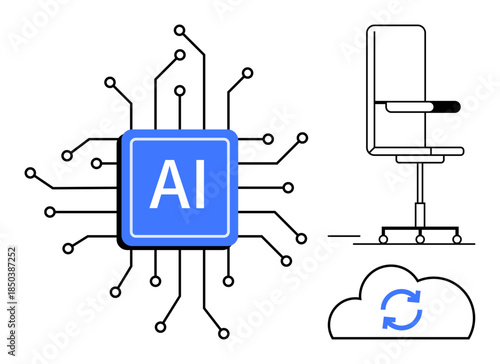 Artificial intelligence, data synchronization, workplace evolution, cloud computing, tech innovation, neural networks. AI chip with circuits, office chair cloud icon with sync symbol. Artificial