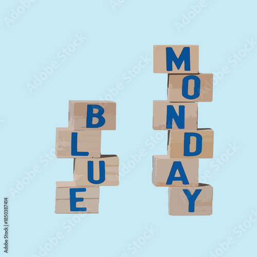 Stacked Wooden Blocks Spelling Blue Monday on Light Background Representing Seasonal Mood and Emotional Concept Creatively