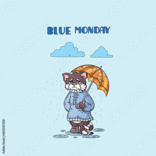 Rainy Day Cat Illustration in Blue Raincoat with Umbrella Depicting Gloomy Mood and Seasonal Melancholy Concept