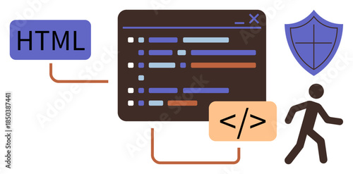 HTML tag, code editor with lines of code, shield representing cybersecurity, and a walking developer figure. Ideal for programming, coding, web design, security education learning teamwork. Simple