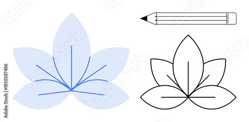 Creative design, art education, floral patterns, line art, hand-drawn concepts, drawing tools. Features a floral shape in stages of design with sketching lines and a pencil. Creative design and art