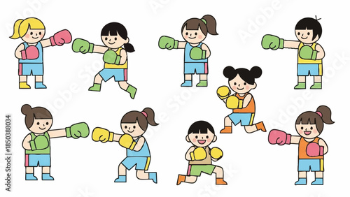 Cartoon girls boxing and exercising with colorful gloves