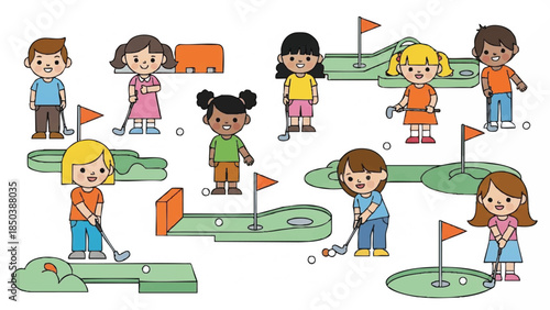 Kids Playing Mini Golf on a Fun Course