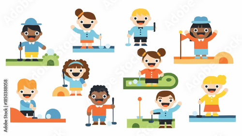 Diverse kids playing winter sports cartoon