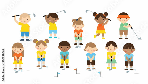 Diverse kids playing golf cartoon characters