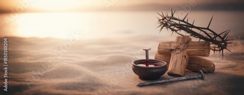 Sacred Symbolism: A poignant composition features a wooden cross, crown of thorns, chalice, and nail, set against a serene backdrop evoking deep spiritual reflection.