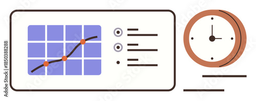 Line graph with data points, list of analytics, clock indicating time tracking. Ideal for productivity, data trends, performance metrics, statistics, deadlines efficiency growth. Simple flat