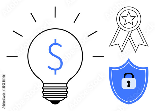 Business strategy, financial innovation, monetary success, cybersecurity, data protection, achievement recognition. Light bulb with dollar sign, award ribbon and shield with lock. Financial