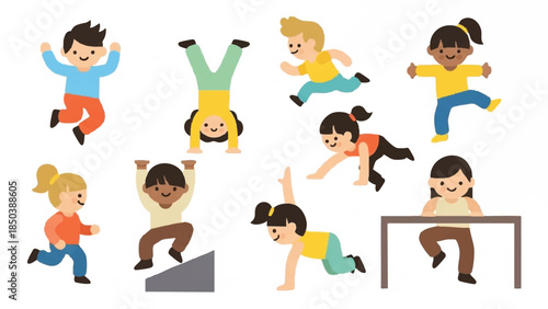 Kids jumping and playing in different poses