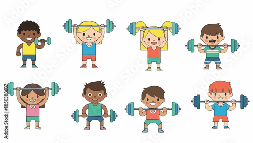 Diverse kids exercising with dumbbells and barbells