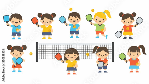 Kids playing pickleball cartoon characters
