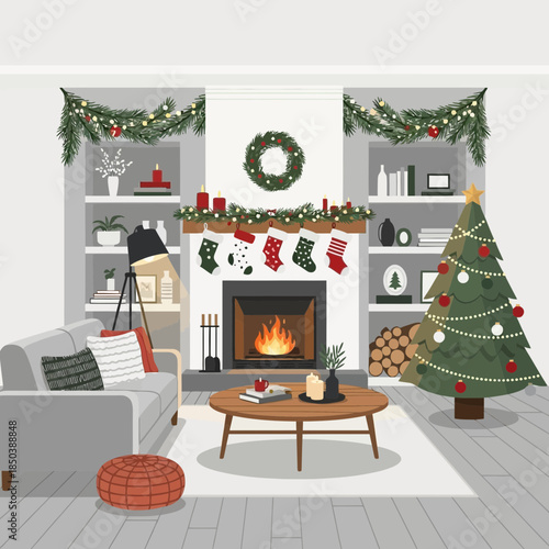 Cozy christmas living room decorated with a full christmas tree and stockings hanging over the