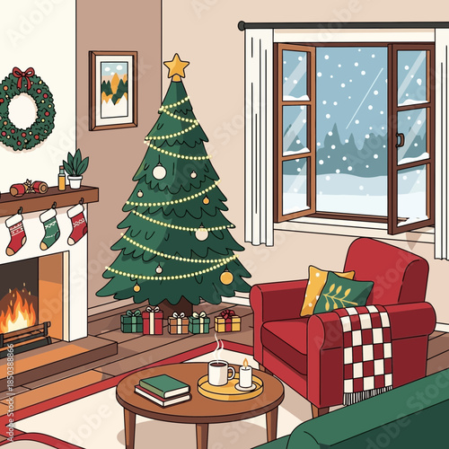 Cozy Christmas Living Room with Decorated Tree and Warm Fireplace Scene