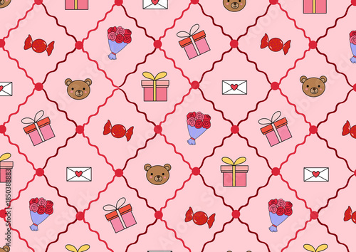  Illustration of Valentine's Day Pattern - Romantic Red and Pink Elements