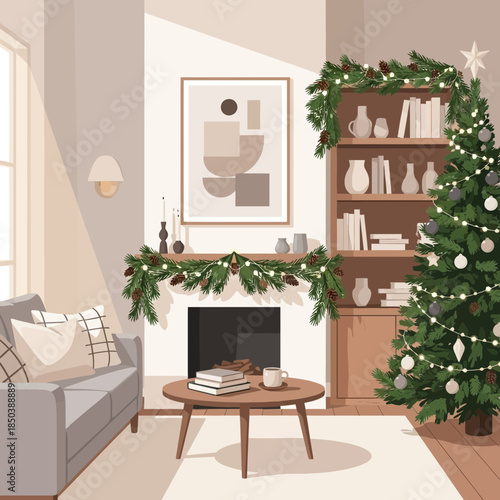 Cozy Festive Living Room Decorated for Christmas with a Beautiful Tree and Garland