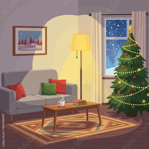 Cozy festive living room decorated for Christmas with a lush decorated tree and warm lighting