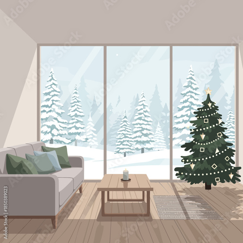 Cozy living room with large window overlooking snowy winter landscape and decorated Christmas tree