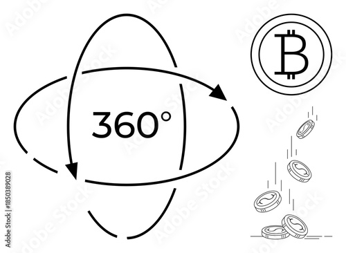 Cryptocurrency, blockchain, virtual payment, digital economy, investment, decentralized finance. Bitcoin symbol, 360-degree arrows and falling coins. Cryptocurrency and blockchain concept