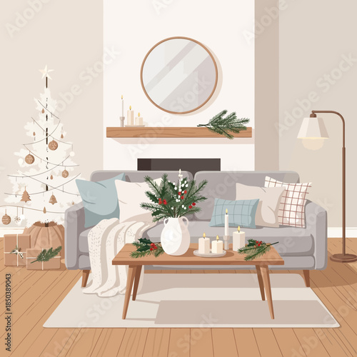 Cozy modern living room decorated for the holidays with a decorated Christmas tree and festive