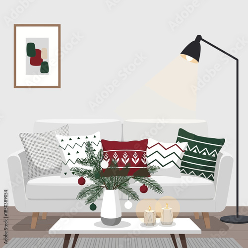 Cozy modern living room decorated for the holidays with festive cushions and minimalist decor