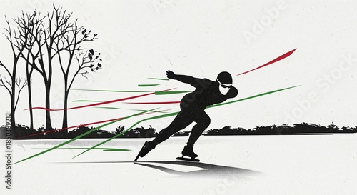 A black silhouette of a speed skater in full motion glides across an icy surface with dynamic red and green lines trailing behind, set against a minimalist white background with bare winter trees.