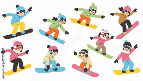 group of cartoon people snowboarding