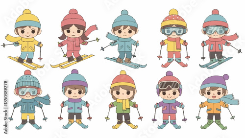 Colorful cartoon skiers in various poses on white background