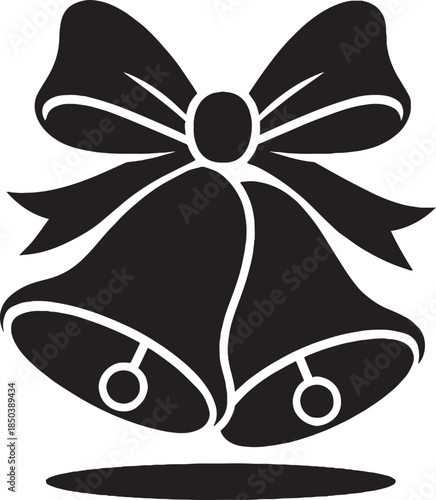 Black and White Christmas Bells with Ribbon Silhouette Isolated on White Background